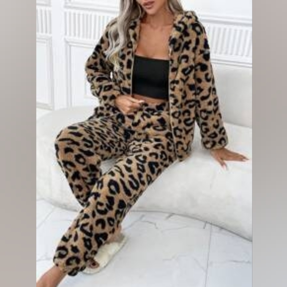 Leopard Print Fleece Jacket and Pants Set